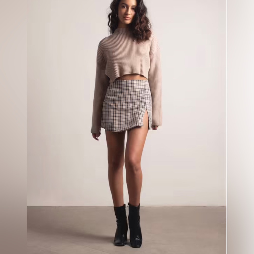 Tobi Black/Brown Plaid Slit Mini Skirt - never worn